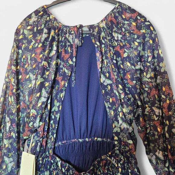 Tularosa Jaelyn Mini Dress Navy Butterfly Print Semi Sheer Flowy Boho Large NWT - Picture 10 of 16